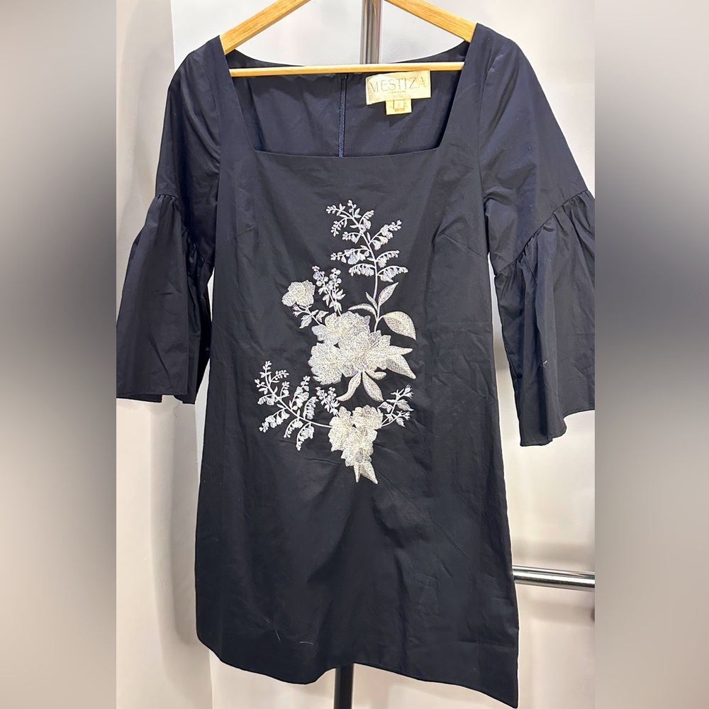 MESTIZA Black 100% Cotton A-line Dress Flare Sleeve, Size Small